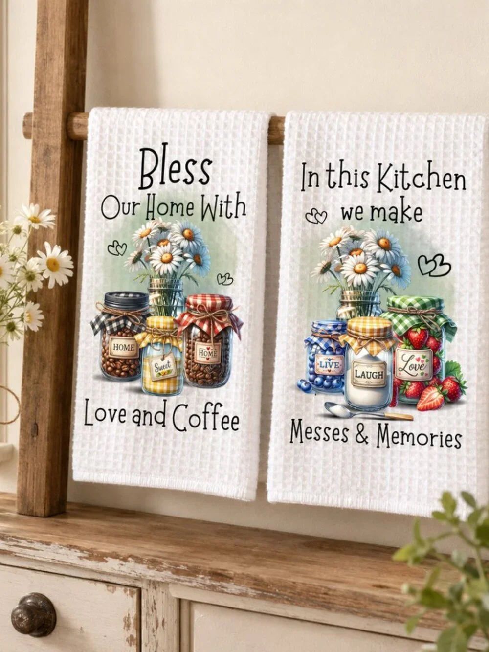 Bless Our Home Kitchen Towel Set, Love And Coffee Dish Towel Daisy Mason Jar